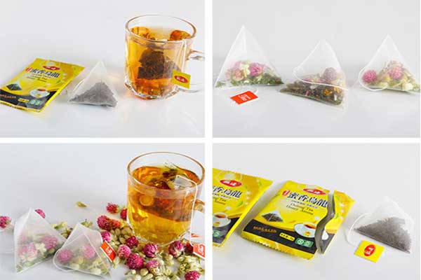 内外袋茶叶包装机可采用复合膜、过滤纸、无纺布等薄膜制袋