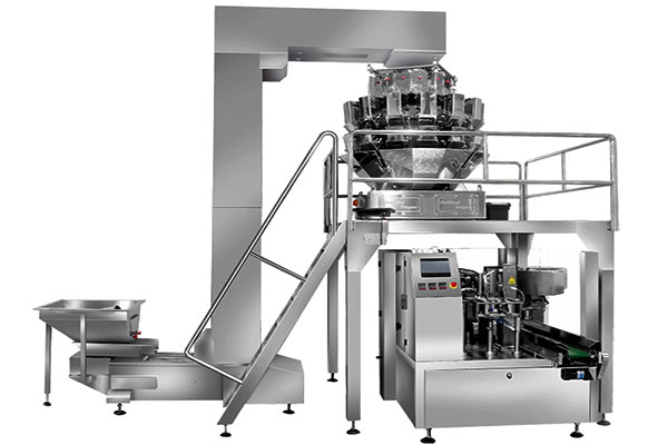 给袋式颗粒自动包装机可与电子计量称、斗式提升机等设备配套